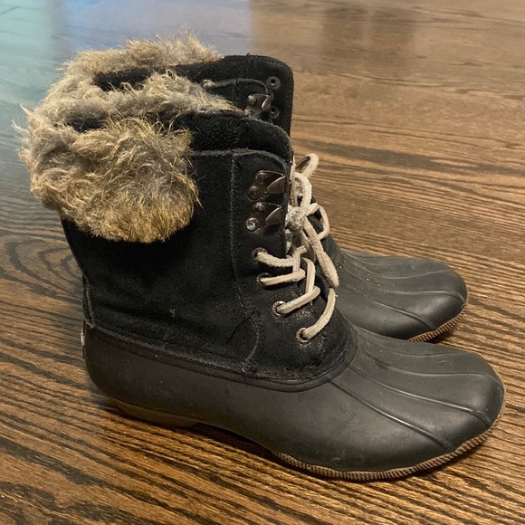 Sperry Duck Boots Women 9 M Winter Waterproof Lined Insulated Faux Fur Black - Picture 1 of 5